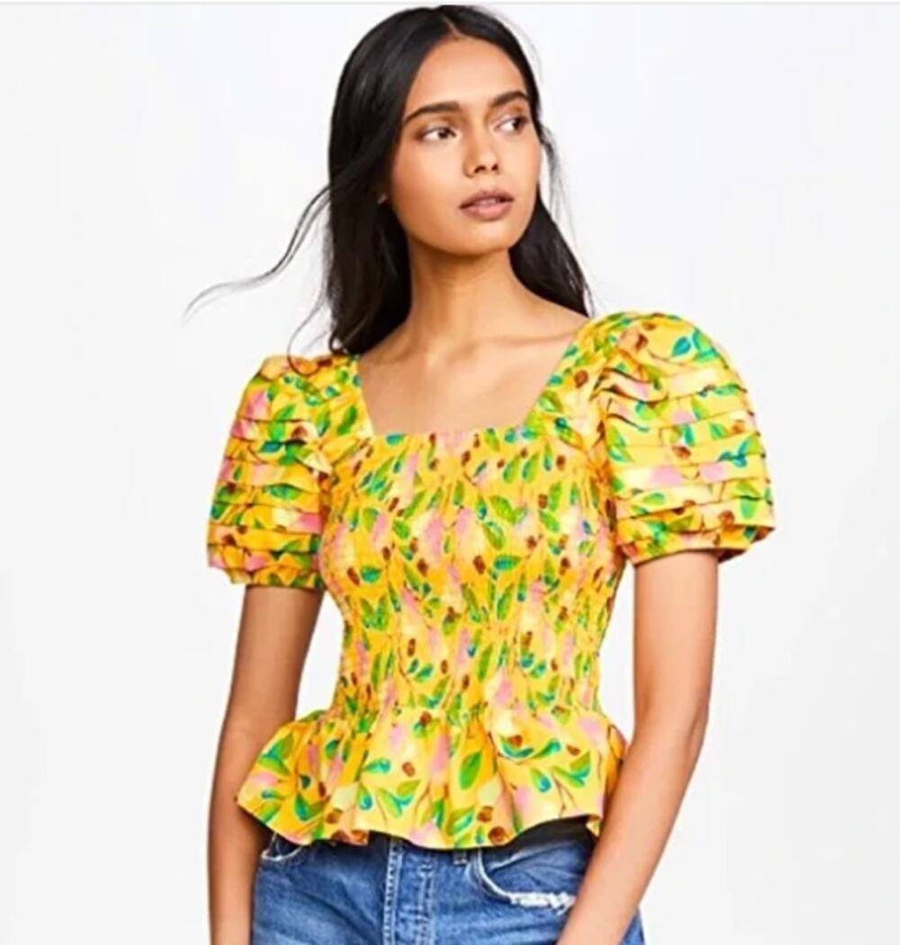 Farm Rio NEW Mini Cashew Yellow Smocked Top, Small